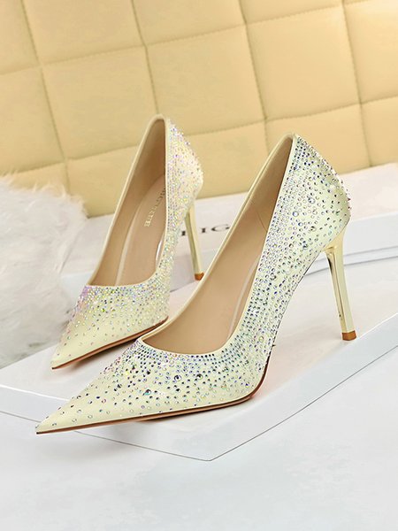 Sparkling Rhinestone Elegant Party Stiletto Heel Shallow Pumps, Heels, color:Beige|size:43, Stylewe