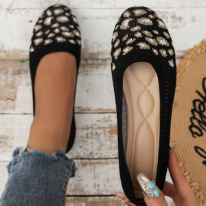 Contrasting Leopard Print Comfort Massage Flyknit Flats, Flats, color:Black|size:43, JustFashionNow