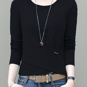 Crew Neck Long Sleeve Plain Irregular Craftsmanship Regular Micro-Elasticity Loose Shirt For Women, Shirts, color:Black|size:XXL, Noracora