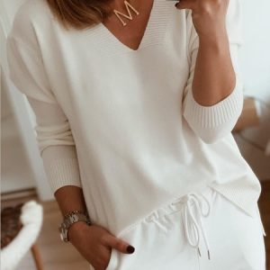 JFN V Neck Plain Simple Long Sleeves Sweater, Sweaters, color:Off White|size:XXL, JustFashionNow