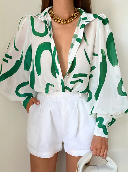 Shirt Collar Vacation Blouse, Blouses and Shirts, color:As Picture|size:XXL, Stylewe
