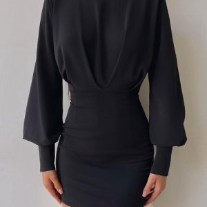 Plain Stand Collar Elegant Regular Fit Dress, Mini Dresses, color:Black|size:XXL, Stylewe