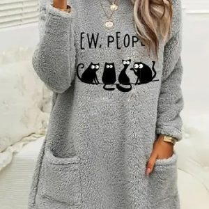 Letter Pattern Crew Neck Fluff/Granular Fleece Fabric Casual Dress, Dresses, color:Gray|size:XXL, JustFashionNow
