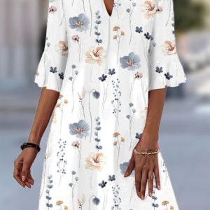 Floral Casual Loose Shirt Collar Flare Sleeve Dress, Dresses, color:White|size:XXL, JustFashionNow