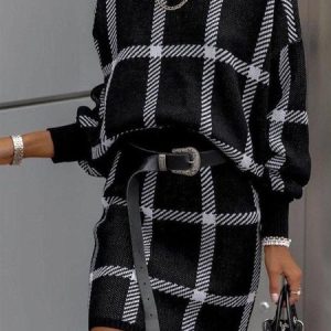 Long sleeve Urban Plaid Crew Neck Mini Dress, Mini Dresses, color:Black|size:XXL, Stylewe