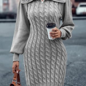 Wool/Knitting Shawl Collar Regular Fit Dress, Dresses, color:Gray|size:XXL, JustFashionNow