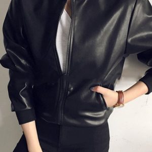 Stand Collar Long Sleeve Plain Regular Regular Fit Motorcycle Leather & Faux Leather For Women, Coats, color:Black|size:XL, Noracora