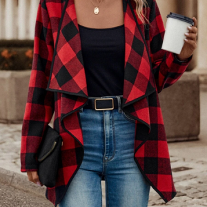 Plaid Casual Cross Neck Loose Other Coat, Cardigans, color:Red|size:XXL, JustFashionNow