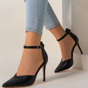Women Minimalist Black Ankle Strap Hollow Pumps, Heels, color:Black|size:44, Stylewe