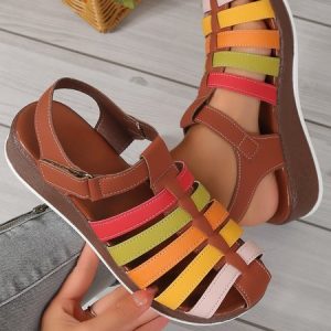 Vintage Color Block Braided Hollow out Sandals, Sandals, color:Brown|size:43, JustFashionNow