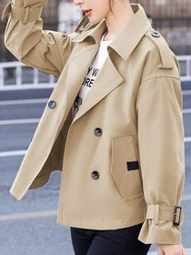 Shawl Collar Long Sleeve Plain Buckle Regular Loose Trench Coat For Women, Trench coat, color:Khaki|size:XL, Noracora