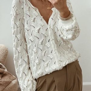 Plain Loose V Neck Casual Cardigan, Sweaters, color:White|size:XXL, JustFashionNow