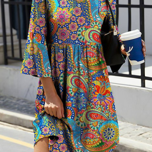 Women's Smock Dress Paisley Midi Dress Round Neck Flare Sleeve Casual Midi Smock Dress, Dresses, color:Multicolor|size:XXL, JustFashionNow