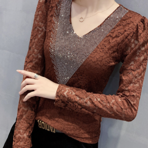 V Neck Long Sleeve Plain Regular Loose Shirt For Women, Blouses, color:Deep Khaki|size:3XL, Noracora