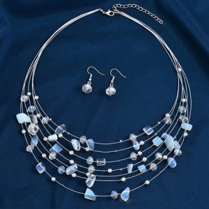 Boho Turquoise Beads Layered Necklace Earrings Set, Necklaces, color:White|size:One-size, JustFashionNow