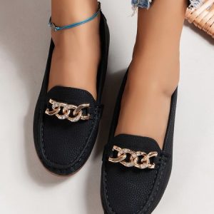 Women Rhinestone Chain Decor Slip On Loafers, Flats, color:Black|size:41, JustFashionNow