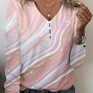 V Neck Loose Casual Gradient Pattern T-Shirt, T-Shirts, color:Pink|size:XXL, JustFashionNow