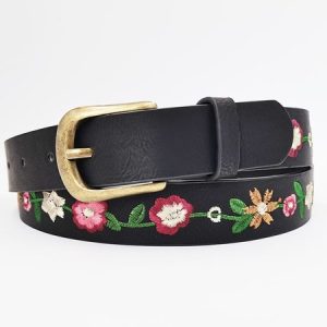 Black Leather Floral Embroidery Women's Belt, Belts, color:Black|size:One-size, JustFashionNow