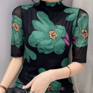 Stand Collar Urban Floral Regular Fit T-Shirt, Tees, color:Green|size:XXL, Stylewe