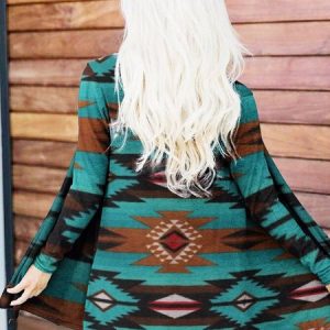 Long Sleeve Geometric Regular Loose Kimono For Women, Kimono, color:Coffee|size:XXL, Noracora