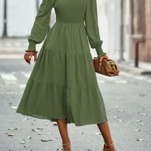 Women Plain Crew Neck Long Sleeve Comfy Casual Maxi Dress, Maxi, color:Army Green|size:XL, Noracora