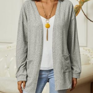 Loose Wrap Casual Plain Coat, Sweaters, color:Gray|size:XXL, JustFashionNow