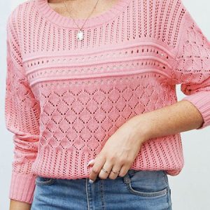 Women Plain Long Sleeve Comfy Casual Sweater, Sweaters, color:Pink|size:XL, Noracora