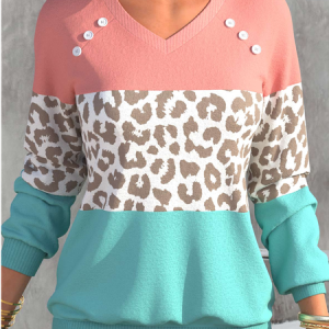 Buckle Leopard Casual V Neck Sweatshirt, Sweatshirts & Hoodies, color:Light Blue|size:XXL, JustFashionNow