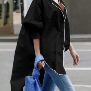 Shirt Collar Urban Color Block Long Sleeve Blouse, Blouses and Shirts, color:Black|size:XXL, Stylewe