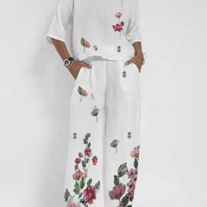 Crew Neck Floral Casual Two-Piece Set, Suit Set, color:White|size:XXL, JustFashionNow