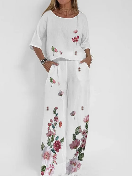 Crew Neck Floral Casual Two-Piece Set, Suit Set, color:White|size:XXL, JustFashionNow