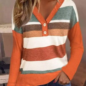 Loose V Neck Striped Casual Shirt, Shirts & Blouses, color:Orange|size:XXL, JustFashionNow