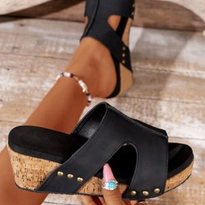 Vintage Cutout Rivet Wedge Heel Slide Sandals, Sandals, color:Black|size:43, JustFashionNow