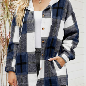 Hoodie Long Sleeve Plaid Regular Micro-Elasticity Loose Jacket For Women, Jackets, color:Deep Blue|size:XXL, Noracora