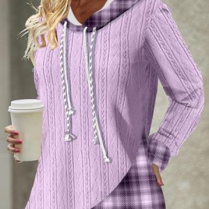 Loose Plaid Cotton-Blend Casual Hoodie, Sweatshirts & Hoodies, color:Purple|size:XXL, JustFashionNow