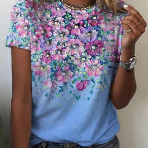 Women's Vacation Loose Floral Crew Neck Casual Short sleeve T-Shirt, T-shirts, color:Blue|size:XXL, Noracora