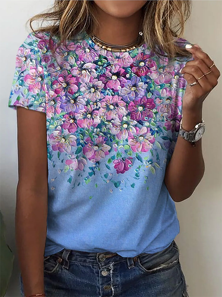 Floral Crew Neck Casual Short sleeve T-Shirt, T-Shirts, color:Blue|size:XXL, JustFashionNow