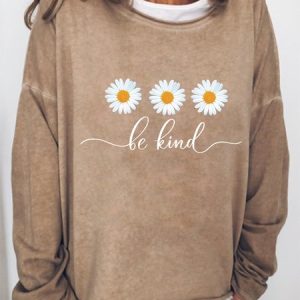 Be Kind Flower Daisy Loosen Sweatshirt, color:Khaki|size:3XL, Lilicloth.com