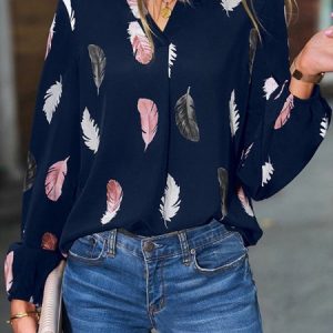 V Neck Feather Casual Shirt, Shirts & Blouses, color:Deep Blue|size:5XL, JustFashionNow