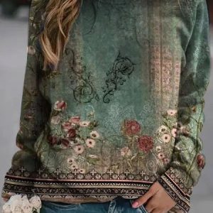 Casual Crew Neck Ethnic Sweatshirt, Sweatshirts & Hoodies, color:Green|size:XXL, JustFashionNow
