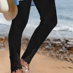 Casual Plain Lace Edge Natural Ankle Pants Legging, Leggings, color:Black|size:XL, Noracora