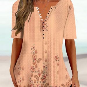 Casual Floral Regular Fit V Neck T-Shirt, T-Shirts, color:Orange|size:3XL, JustFashionNow