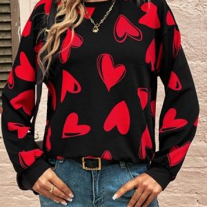 Casual Heart/Cordate Loose Sweatshirt, Hoodies & Sweatshirts, color:Black|size:XXL, Noracora