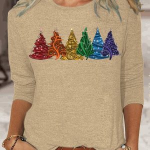 Women's Rainbow Christmas Trees Classic Long Sleeve Top, color:Apricot|size:3XL, Lilicloth.com