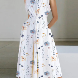 Loose Floral V Neck Vacation Basic Sleeveless Print Maxi Dress, Maxi, color:White|size:XXL, Noracora