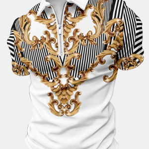 Men's Metal Stripe Art Print Casual Polo Collar Striped Polo Shirt, T-shirts, Lilicloth.com