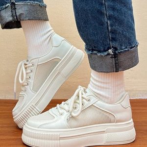 White Breathable Mesh Panel Leather Sneakers, Sneakers, color:Beige|size:40, JustFashionNow