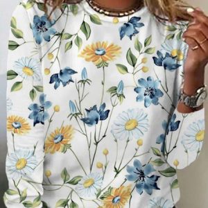 Floral Loose Casual Long Sleeve T-Shirt, T-Shirts, color:Yellow|size:5XL, JustFashionNow