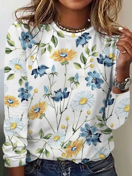 Floral Loose Casual Long Sleeve T-Shirt, T-Shirts, color:Yellow|size:5XL, JustFashionNow