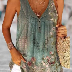 Ethnic Casual Knitted V Neck Tank Top, Tanks & Camis, color:Green|size:XXL, JustFashionNow